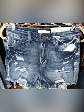 Frayed Hem Distressed Denim Jean Shorts - Blue